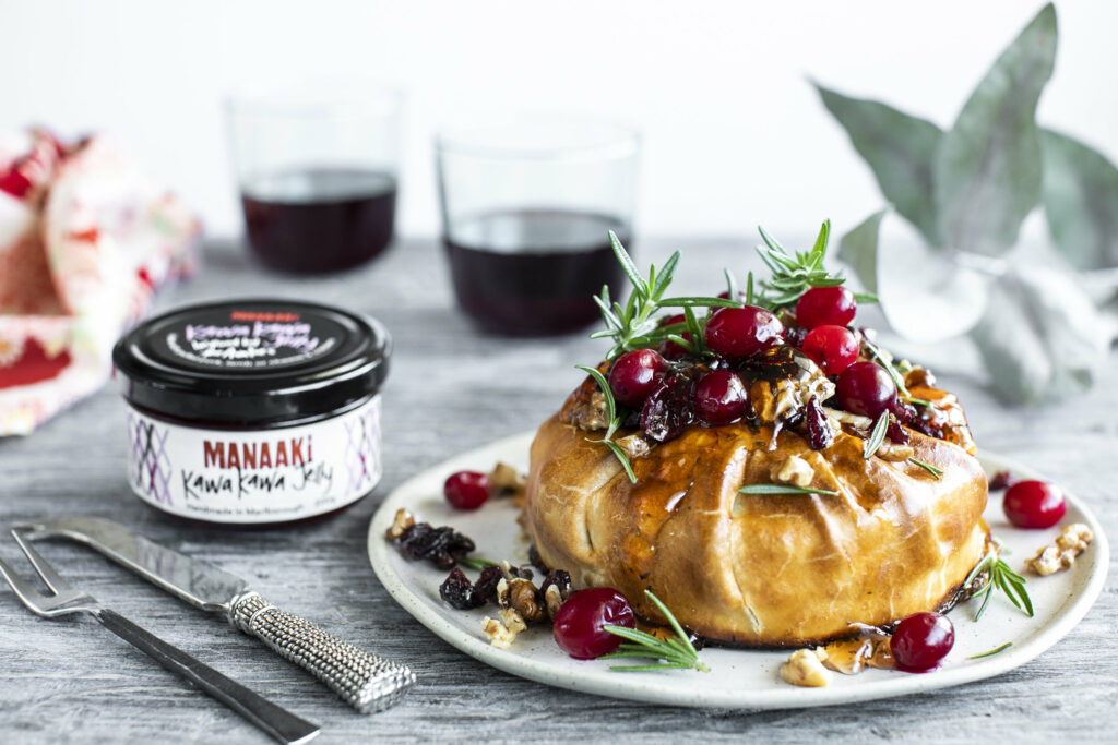Baked Brie In Puff Pastry With Nuts, Berries And Kawakawa Jelly