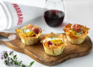 Filo Pastry Nests with Whipped Goat Cheese, Prosciutto and Kamokamo Pickle