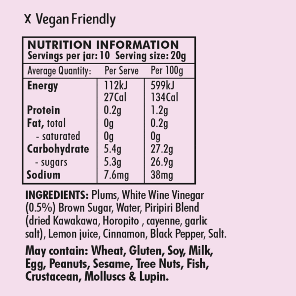 PiriPiri Plum Chutney Nutritionals